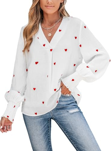 CUPSHE Bluse Damen Elegant Baumwolle Langarm V-Ausschnitt Herz-Stickerei | Luftige Lässige Tunika Aus Musselin Ballonärmel Gesmokte Volantmanschetten Locker Für Business Freizeit Alltag XS-XXL
