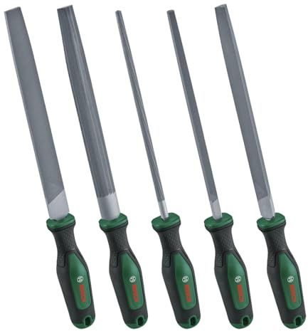 Bosch Feilen Set 5-teilig (Robustes Metallfeilen Set inkl. Rund-/Halbrund-/Flach-/Dreieck-/Vierkantfeilen; Harter Kohlenstoffstahl; Schaftlänge 200mm; Mittlerer Hieb 2; Ergonomischer Softgrip)