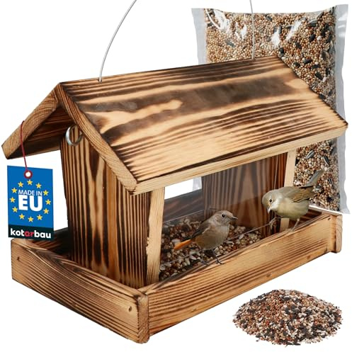 KOTARBAU® Vogelhaus zum Aufhängen - 28 x 18 x 20 cm - Vogelfutterhaus aus Holz - mit Seitenwänden aus Acrylglas - Vogelhäuschen + Vogelfutter 0,5 kg - Holzdeko für Garten