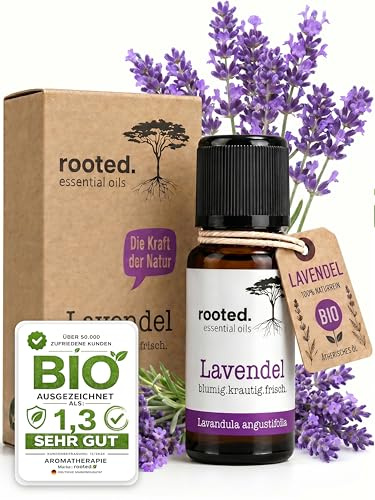 rooted.® BIO Lavendelöl 10ml [100% NATURREIN] - Echter Lavendel - Lavandula angustifolia - Ätherisches Öl für Aromatherapie, Duftlampe, Diffusoren, Raumduft, Duftkerzen und -Seifen