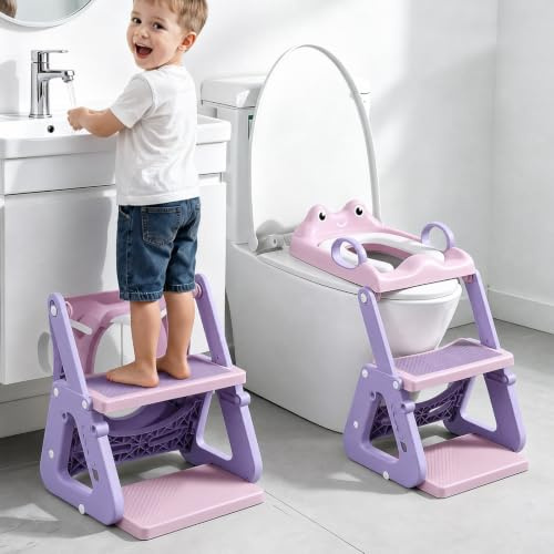 Toilettensitz Kinder mit Treppe, 2 in 1 Stabil mit Dreiecksstruktur, Frosch | Verlängerter Pedal- und Spritzschutz, Weich PVC-Polster, Rutschfest, Faltbar und Leicht, Einfach zu Bedienen, Violett-Rosa