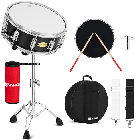 Vangoa Snaredrum-Set,14 Zoll Trommel mit Ständer, Drumstick-Halter,Tasche, Gurt, Stummpolster, 5A Drumsticks, Schlagzeugtasten Marching Snaredrum-Set für Anfänger, Studenten, Marschband
