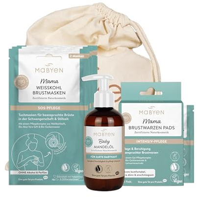 MABYEN Mama Wochenbett Set, 3x Brustmaske, 10x Brustwarzenpads, 1x Mandelöl | Erstausstattung für die ersten Wochen mit Baby nach der Geburt, Set, 3 Weißkohl Brustmasken, 10 Brustwarzen Pads & Mandelöl