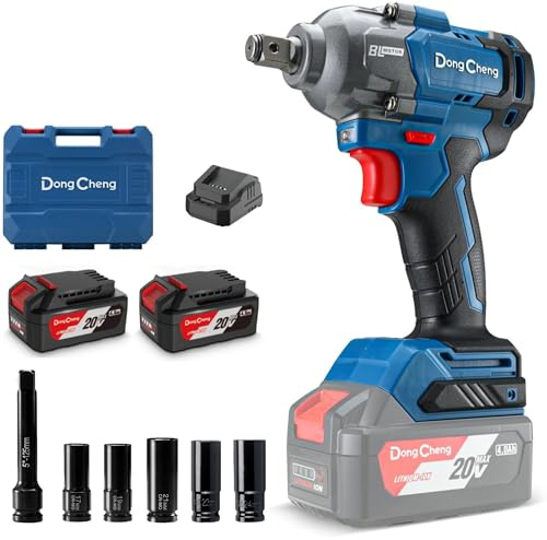 Dong Cheng 20V bürstenloser Schlagschrauber, 908Nm hohes Drehmoment | 2200U/min, 1/2 Zoll akku-Schlagschrauber mit Aufbewahrungsbox, 4-Modus, inklusive 2x4,0 Ah Akkus & Ladegerät