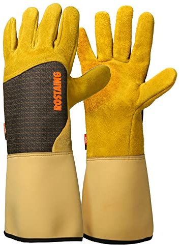 ROSTAING Dornenfeste Lederhandschuhe Dornen Rosen Garten EN 388 | Lederhandschuh 1,2 mm EN 388:4143X SkinSoft 15 cm kratzfeste Manschette. Ideal zum Beschneiden von Brombeeren.