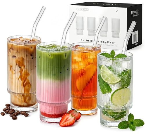EDELHAUS Gläser Set 4-teilig mit Strohhalm (300ml) - Geriffelte Cocktailgläser, Riffle, Ripple Aesthetic, Gin, Trinkgläser Set, Longdrinkgläser, Matcha Gläser