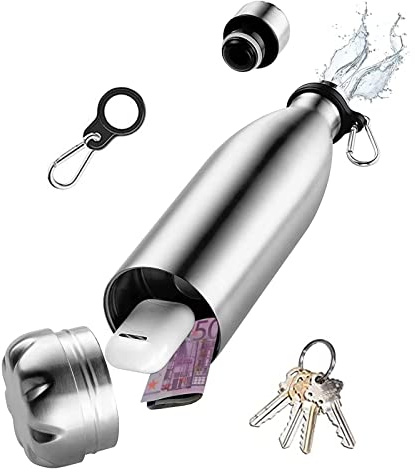 Diversion Wasserflasche aus Edelstahl mit Verstecktem Platz für Schlüssel, Geld, Bargeld, Kopfhörer, Schmuck, Metall Stash Can für Reisen, Strand, Zuhause, Büro, Hotel, Isoliert Auslaufsicher