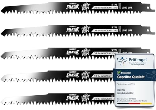 BAURIX® [LONG LIFE] Säbelsägeblätter Holz, 5 Stück, 240 mm, 5 TPI, Sägeblatt Säbelsäge für schnelle und saubere Schnitte, Säbelsägeblatt für Grobholz, Nassholz, Brennholz, lebendes Holz