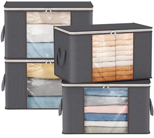 Lifewit 4 Stück Aufbewahrungstasche, Aufbewahrungsbox mit Deckel, Kleiderschrank Organizer Faltbare Kleideraufbewahrung Umzugskartons mit Verstärkt Griff für Bettdecken Kleidung Decke, Grau, 60L