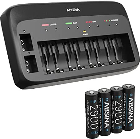 ABSINA Akku Ladegerät X10 für AA, AAA & 9V - Akkuladegerät inkl. 4X AA 2900 Akkus - NiMH Ladegerät 10-Fach für wiederaufladbare Micro AAA, Mignon AA & 9V Block Akkus - Batterieladegerät