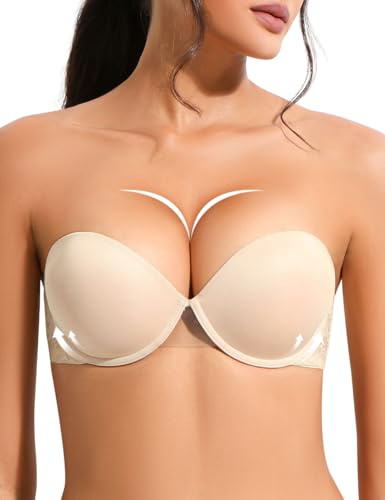 YANDW Push Up Trägerloser BH Multiway Super Gepolsterter Add 2 Cup Unterstützung mit Transparenten Trägern Bügel Spitze Demi BHS Nude 34B
