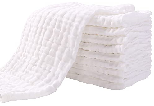 Yoofoss Mullwindeln Spucktücher 10er Stoffwindeln 27x50 cm Mulltücher 6 Lagig Saugstark Waschlappen 100% Baumwolle Faltwindeln für Baby Kochfest Premium Qualität Weiß
