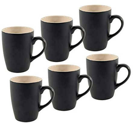 Kaffeebecher 6er Set je 340 ml - schwarz matt/innen beige - Kaffeebecher mit Henkel - Tee Becher Kaffee Tasse aus Porzellan