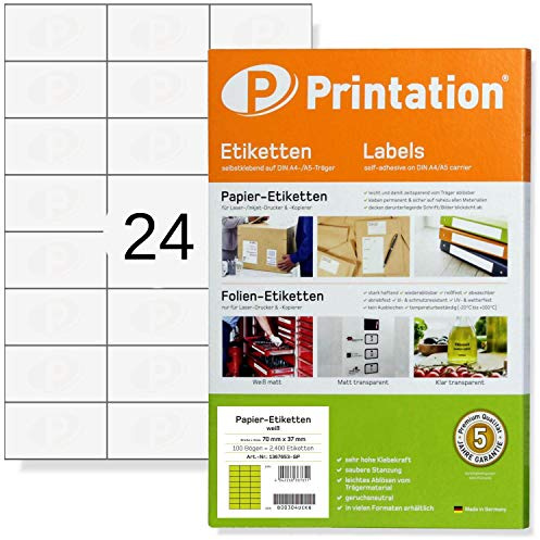 Printation Universal Etiketten 70 x 37 mm weiß - 600 Adressetiketten selbstklebend 70x37 auf 25 DIN A4 Bogen á 3x8-24 Adressaufkleber pro Blatt A4 bedruckbar - 3474 4453 4615 FBA Internetmarke 70x37