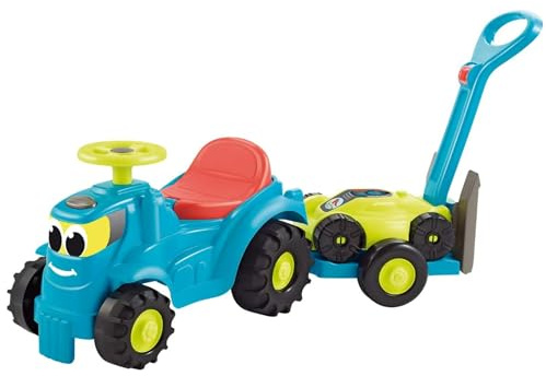 Ecoiffier – Rutschauto mit Rasenmäher – 2in1 Kindertraktor mit Anhänger und Rasenmäher, Gartenspielzeug für Kinder ab 12 Monaten