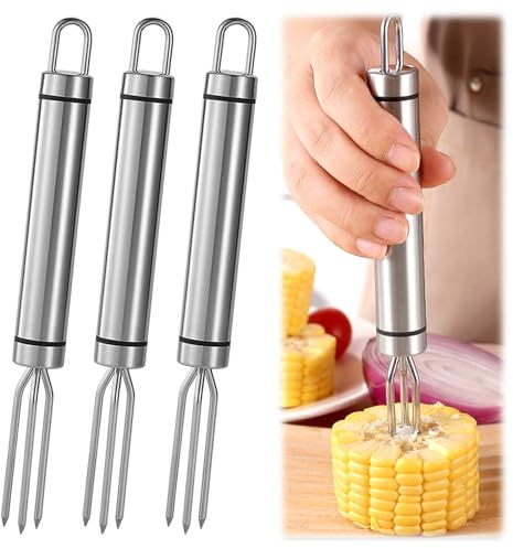 3 Stück Pellkartoffelgabel aus Edelstahl, Kartoffelgabel 18,3 X 1,9 cm, Maisgabel mit 3 Gabeln, Aufhängbar, Wiederverwendbare Pellkartoffel Halter für Mais, Obst, Kartoffeln, Steak, Schälhilfe, Grill