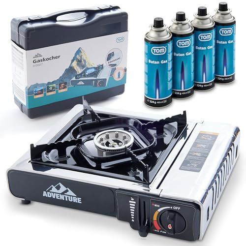TOM Adventure Camping-Gaskocher Set – Edelstahl, 1-flammig | Mit 4 Gaskartuschen, Koffer und Piezo-Zündung – Campingkocher mit Gaskochfeld und Kochplatte für Camper & Outdoor