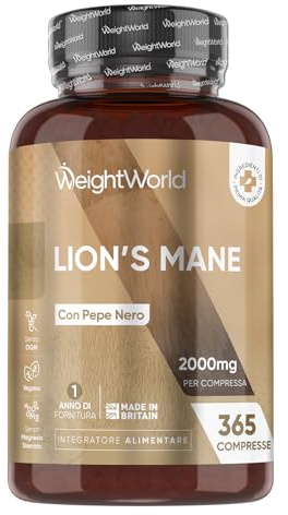 Löwenmähne Pilz 365 Tabletten - 2000mg je Tablette - 50% Polyphenol - Lions Mane Mushroom (Hericium Erinaceus) - 25:1 Extrakt mit Schwarzer Pfeffer 30mg - 1 Jahr Vorrat - WeightWorld