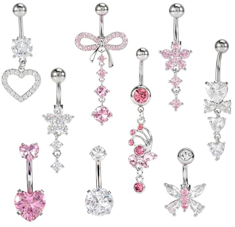 Nilioyul 9 Stück Bauchnabelpiercing Set Chirurgenstahl, Piercing Bauchnabel mit Zirkonia, Belly Piercing lang Titan, Nabelpiercing Herz Blume Schmetterling Rosa Silber Hypoallergen für Party Alltag