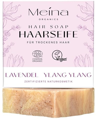 Meina Bio Haarseife für trockene Kopfhaut und trockenes Haar mit Lavendel, 100% Natürlich, Zertifizierte Naturkosmetik, Organic, Vegan, Handgemacht, Plastikfrei, Ohne Palmöl, 80g
