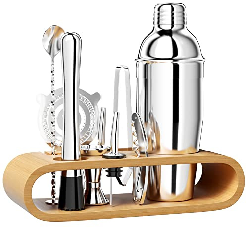 Newpop 750 ML cocktail set, 10 stück edelstahl shaker mixer mit Holzständer, professionelle barkeeper zubehör, mit doppel messbecher, löffel, Pourer, mischen getränken, zuhause, bar, party (Silber)
