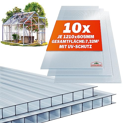 GARDEBRUK® 10x Doppelstegplatten 6mm Zuschneidbar 121x60,5cm Polycarbonat 7,3m² UV-beständig Klar Hohlkammerplatten Gewächshaus Platten Stegplatten