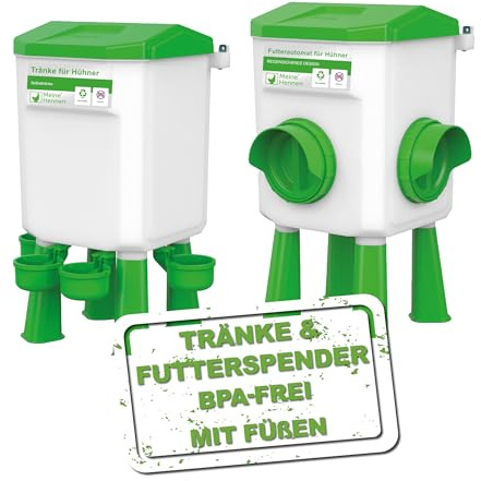 MeineHennen Futterautomat 4 Kg und Wasserspender 8 L für Hühner - abnehmbare Füße kurz und lang - hygienischer Futterspender und Geflügeltränke/Tränke im Set - BPA-Frei