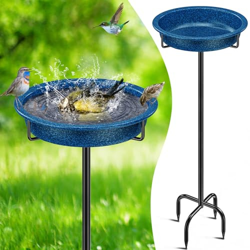 FaloStwer 40In Vogeltränke Vogelbad Futter Schale Wasserstelle Stehend, Metall Vogelbecken Schüssel Wildvögel Wassertränke für Vögel, Vogeltränke Groß Frostsicher Winterfest(Blau)
