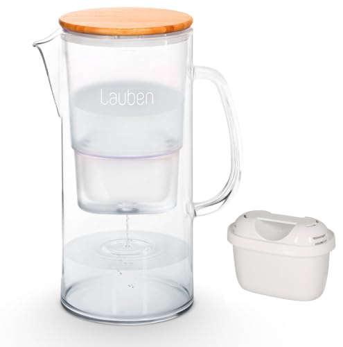 Lauben 32GW Wasserfilter Kanne Glas, Filterkanne Gesamtvolumen 3,2l, Borosilikatglas, Wasserfilter-Kartusche enthalten, antibakterieller Deckel aus Bambus, kein Plastik-Nachgeschmack im Was