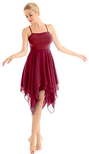 dPois Damen Tanzkleid Ballett Kleid Ärmellos aus Chiffon Swing mit Spaghettiträger Asymmetrische Tanzkostüme Latein Rumba Tango Kleid Ballsaal Dancewear