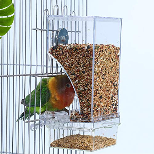 Hamiledyi No Mess Vogelkäfig-Futterstation Automatischer Futterspender für Papageiensamen, mit Sitzstange, Acryl, transparent, für Samen, Futterbehälter, Käfigzubehör für kleine und mittelgroße