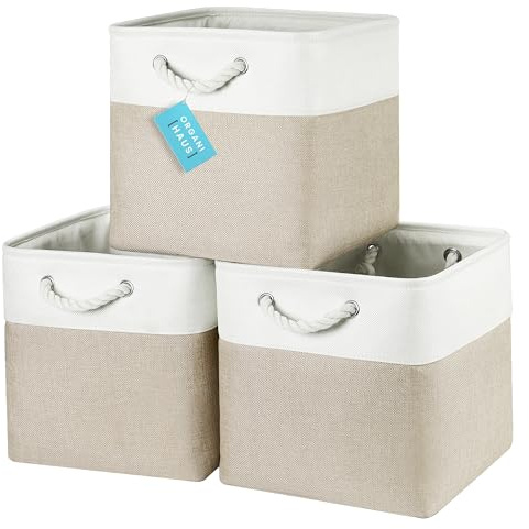 OrganiHaus Aufbewahrungsbox 30x30cm 3er-Set, Würfelkörbe aus Stoff mit Seilgriffen, Faltbare Aufbewahrungswürfel für Kallax Organizer, Ablagekörbe für das Kinderzimmer Beige/Weiß