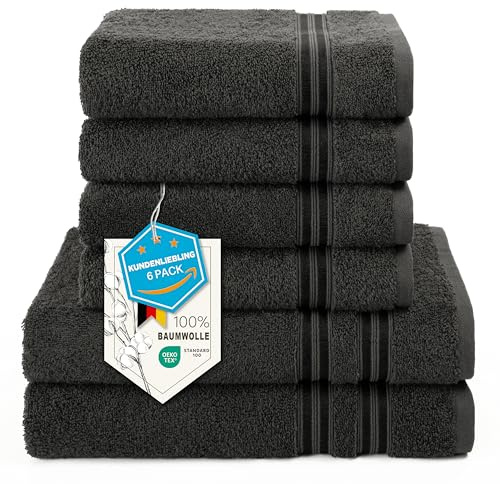 Hammetex 6er Handtücher Set – 2 Badetücher 70x140 cm & 4 Handtücher 50x100 cm – 100% Baumwolle Frottier – Oeko-TEX Zertifiziert – Weich, Saugstark - mit Aufhänge, Anthrazit