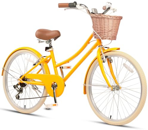 Glerc 24 Mädchen Cruiser Bike 6-Gang Cruiser Frauen Hybird Fahrrad für Alter 7 8 9 10 11 Jahre alt mit Weidenkorb, Lightweight Rahmen und Gabel, gelb