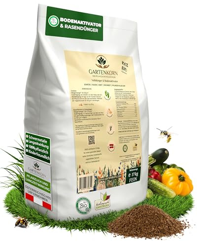 Gartenkorn Bio Bodenaktivator & Rasendünger fein [17 kg/130-170 m²] für Pflanzen & Gemüse, Bodenverbesserer Garten, Organischer Rasendünger Frühjahr, Verdrängt Moos, Streuwagen geeignet