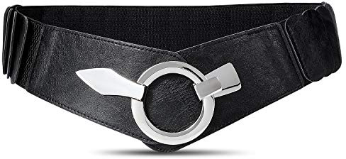JasGood Damen Breiter Elastischer Taillengürtel, Mode Vintage Hüftgürtel mit Silberner Ring-Schließe, Schwarz, M