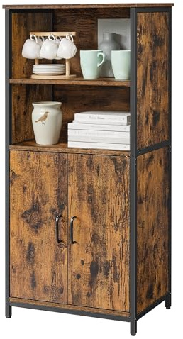 VASAGLE Küchenschrank, Bücherregal, 2 offene Fächer, Schrank mit verstellbaren Ablagen, Bücherschrank mit Türen, Stahlrahmen, für Wohnzimmer, Küche, Arbeitszimmer, vintagebraun-schwarz LSC66BX