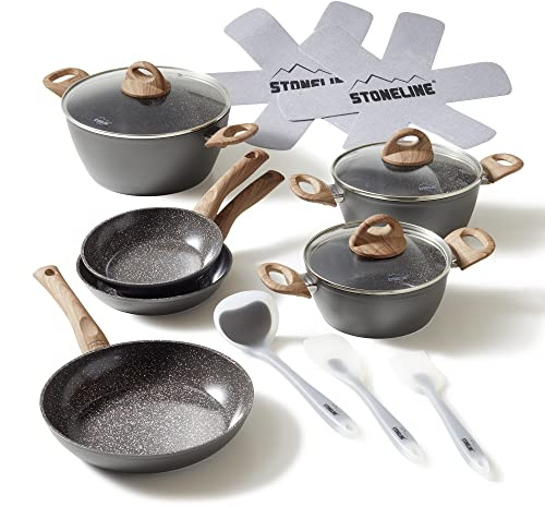 STONELINE Ceramic Keramikpfanne Töpfe Set 14 teilig 18/20/24cm Töpfe Pfannen PFAS-frei Topfset Pfannenset Induktion Kochgeschirr Set mit Deckel Keramikbeschichtung mit echten Steinpartikeln, Holzoptik