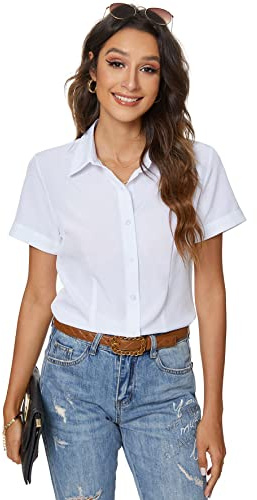 Atnlewhi Damen Bluse Kurzarm Knöpfen Hemdbluse V-Ausschnitt Arbeit Büro Slim Fit Formelle Lässiges Blusen