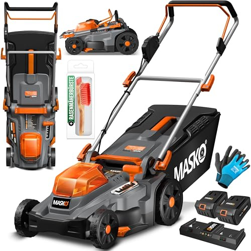 MASKO® Akku Rasenmäher mit Mulchfunktion, 2X Akkus Li-Ion Batterie 4Ah & Doppel-Ladegerät Rasentrimmer 37cm Schnitt-Breite 6X Höhenverstellbar 40L Fangkorb Flächen bis 600m² inkl. Handschuhe & Bürste