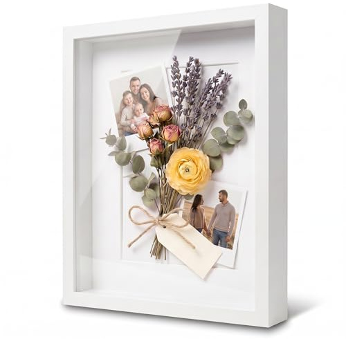 PHOTOLINI 3D Bilderrahmen zum Befüllen 40x50 Weiß groß, 3 cm tiefer Objektrahmen mit Glas, tiefer Bilderrahmen 40x50 Holz MDF mit Passepartout, dicker 3D Rahmen befüllbar für Gegenstände Geschenk