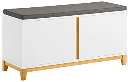 SoBuy Schuhbank mit Sitzfläche 90x46x34cm für Flur | Sitzbank mit 4 Fächern und 2 verstellbaren Einlegeböden, MDF E1 und Bambus, bis 150kg belastbar, weiß FSR117-W