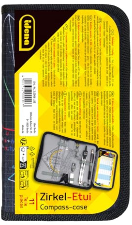 Idena 20066 - Zirkel im Etui, 11-teilig, mit Geodreieck, Lineal, Ersatzminen für den Zirkel, Druckbleistift & Ersatzminen, Stundenplan, Radiergummi & Spitzer