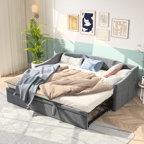 Schlafsofa 200cm Breit, Schlafcouch Ausziehbar, Schrankbett mit Sofa, Murphy Bed 90/180 x 200 cm, Polsterbett Tagesbett Ausziehbar mit Lattenrost, Doppelbett, Samtstoff, ohne Matratze (Grau 02)