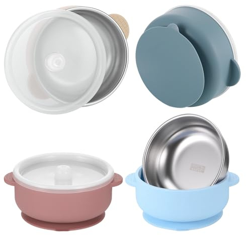 TranRantic 4 Stück Edelstahl Schüssel Kinder mit Saugnapf und Deckel | 4 Farbe Rutschfest Edelstahl Breischale Kinder, BPA-Frei Rdelstahlschüssel für Brei und Snacks
