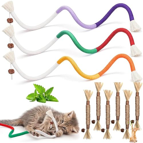 Ptyism 9 Stück Kätzchen-Beißspielzeug (3 Stück Katzenseilspielzeug und 6 Stück Katzen Kauspielzeuge), Kätzchen-Kauspielzeug, Katzenminze-Spielzeug für Katzen für den Innenbereich, Zahnreinigung und