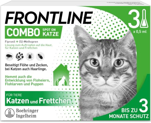 FRONTLINE Combo Katze gegen Zecken, Flöhe & Haarlinge - für alle Größen | 3x Pipetten für bis zu 3 Monate Schutz - auch gegen Floheier, Larven & Puppen im Haushalt - wasserfest