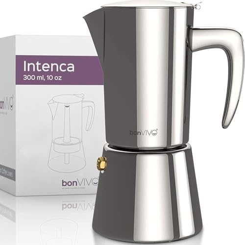 bonVIVO Intenca Espressokocher Induktion geeignet - Edelstahl Kaffeekocher in Chrom Edelstahl m. Wasserkessel, Sieb – Mokkakanne Silber (chrom), 6 Tassen 300ml