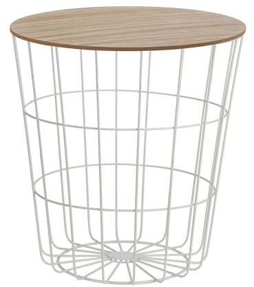 Spetebo Gitterkorb Beistelltisch aus Metall 39 cm - Weiß - Korbtisch mit Holz Optik Tischplatte in braun - Deko Tisch klein mit Aufbewahrungskorb Couchtisch Kaffeetisch Dekotisch mit Staufach