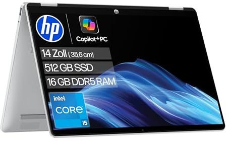 HP OmniBook 5 Flip 2‑in‑1 Laptop (14 Zoll 2K Touchscreen, Intel Core i5-1334U, 16GB RAM, 512GB, Win 11, QWERTZ) - Silber